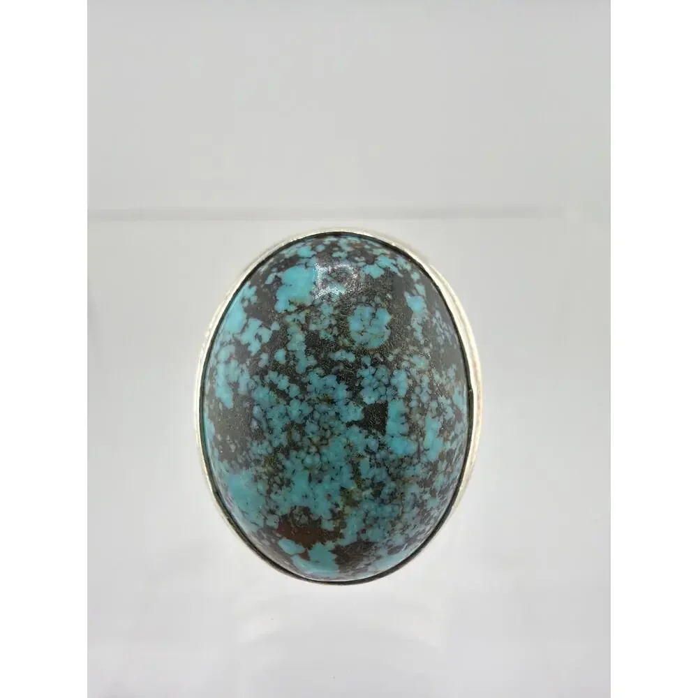 Large Oval Turquoise Matrix 925 Sterling Silver Statement Ring Size 9.5